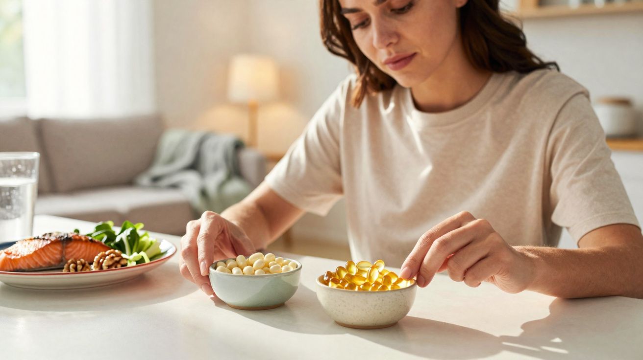 Mulher sentada à mesa com dois pequenos recipientes de suplementos alimentares ao lado de prato com salmão e salada.