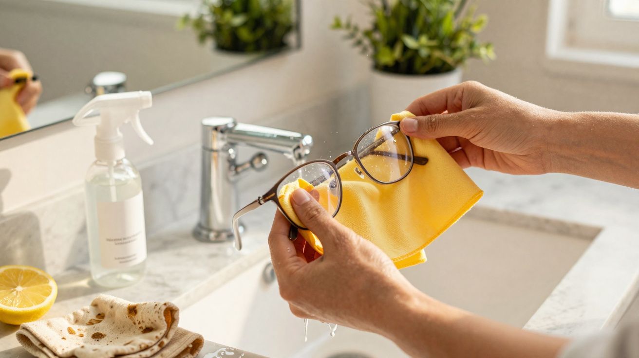 Pessoa a limpar óculos com pano amarelo junto a uma pia de casa de banho.