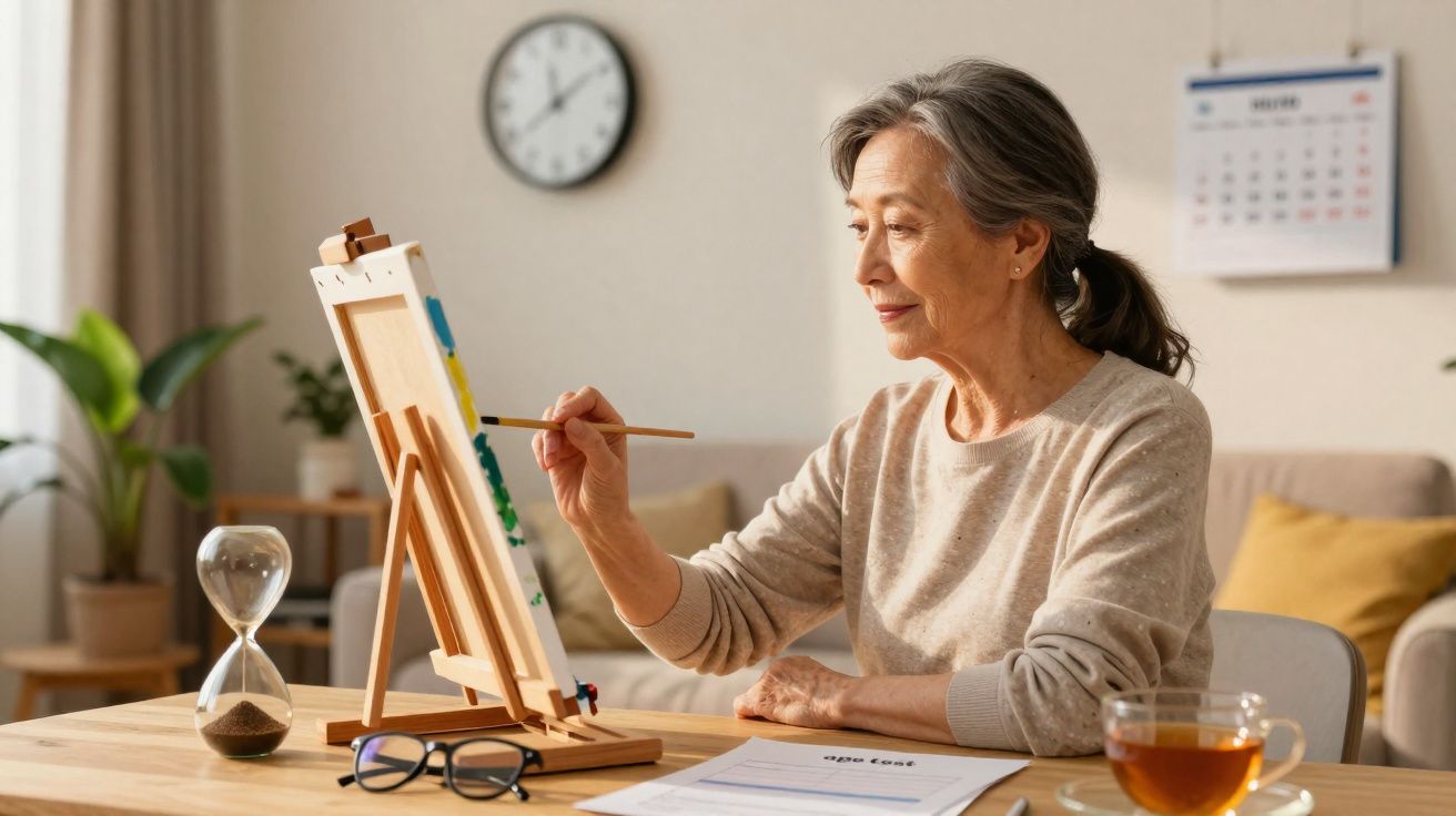 Mulher idosa pintando numa tela num cavalete, numa sala com relógio, calendário e chá numa mesa.
