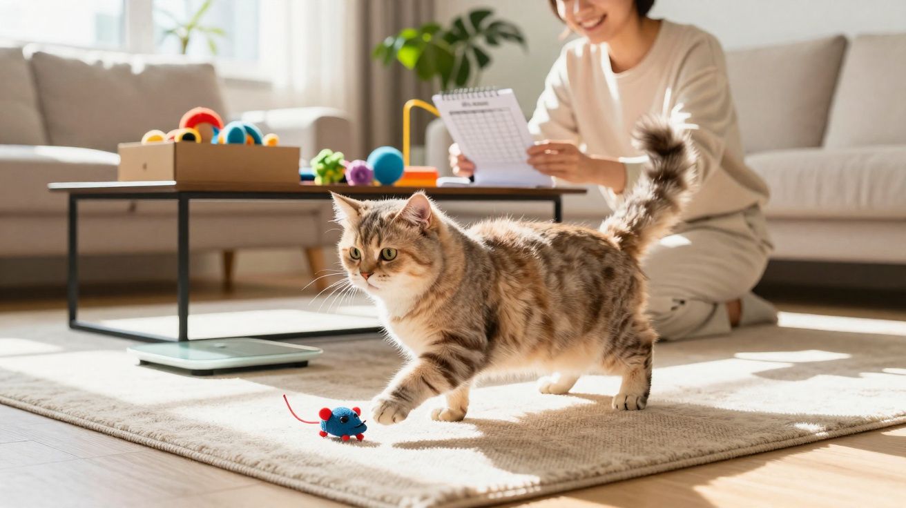 Gato cinzento e branco brinca com brinquedo em forma de rato, com pessoa sorridente ao fundo na sala iluminada.