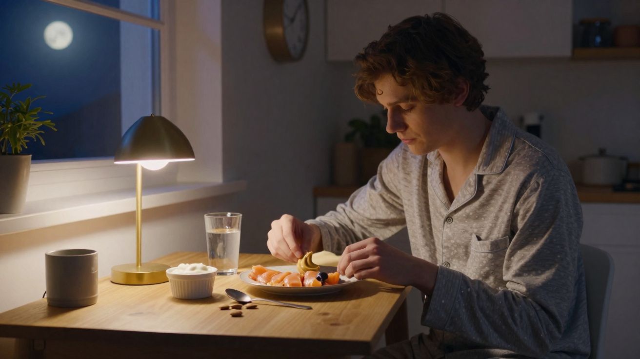Jovem em pijama a jantar fruta e iogurte à mesa numa cozinha iluminada com luz quente, noite de luar visível pela janela.