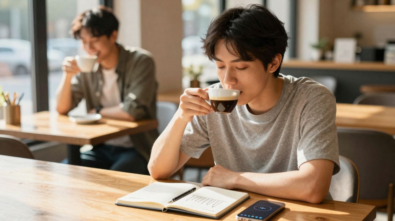 Jovem a beber café numa esplanada, com um caderno e um smartphone à sua frente numa mesa de madeira.