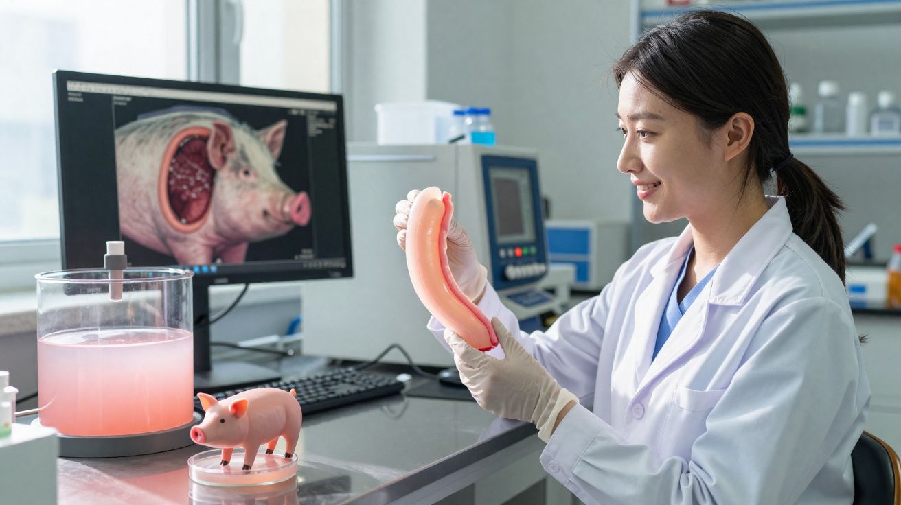 Investigadora em laboratório a analisar uma prótese alimentar com imagem de porco no monitor.