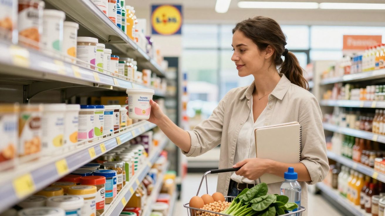 Mulher a escolher iogurte nas prateleiras de supermercado com carrinho cheio de alimentos frescos.