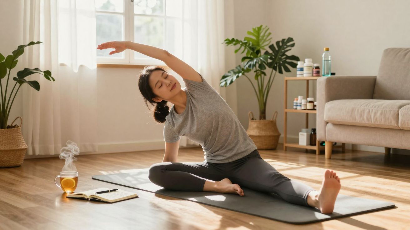 Mulher jovem a fazer alongamento lateral sentada num tapete de yoga numa sala luminosa e acolhedora.