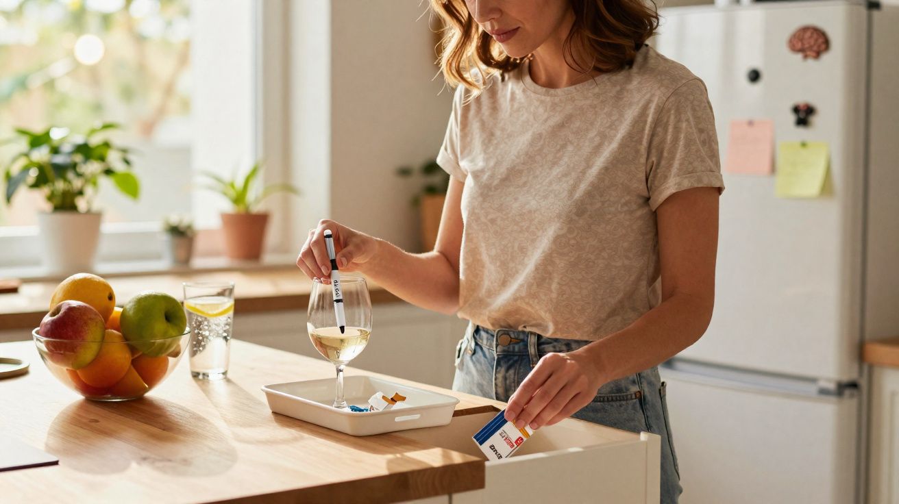 Mulher prepara teste de glicemia em cozinha com frutas e jarro de água ao fundo.