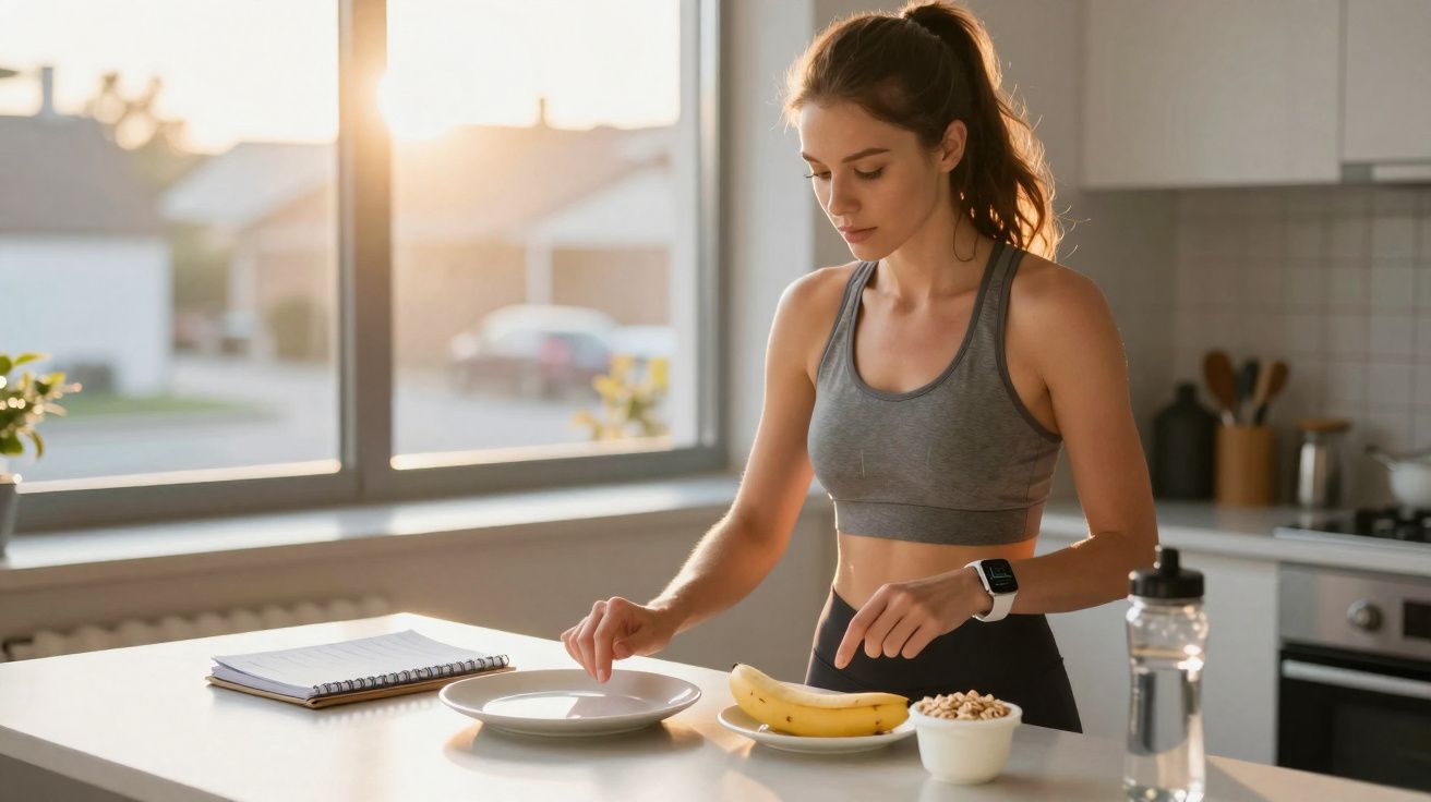 Mulher em roupa de treino prepara refeição saudável na cozinha com bananas e frutos secos numa bancada.