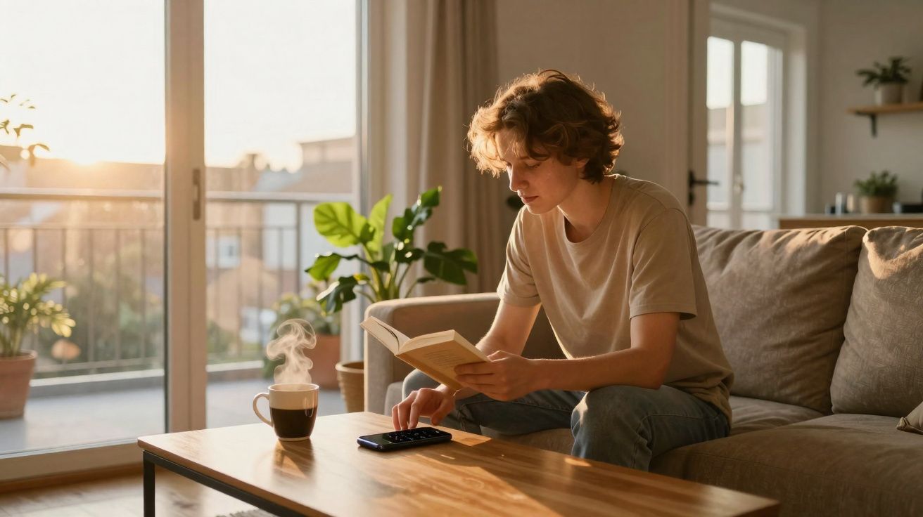 Jovem sentado no sofá a ler um livro, com café quente numa mesa de madeira à sua frente.