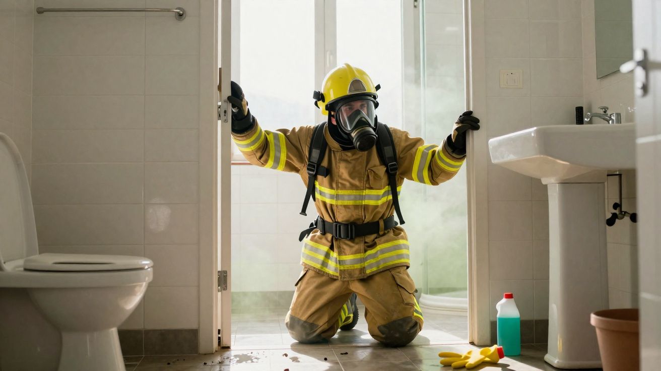 Bombeiro de joelhos dentro de casa com fato de protecção e máscara a abrir a porta de uma divisão.