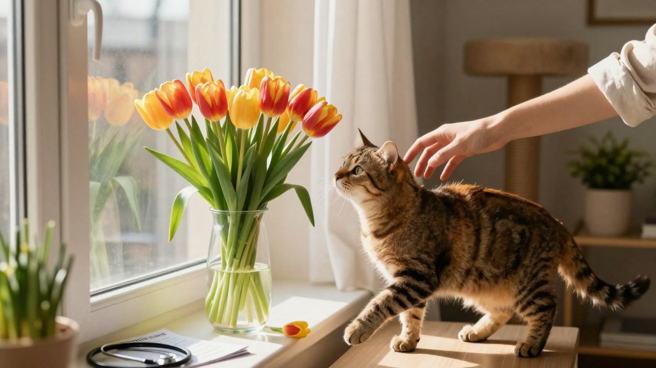 Gato tigrado a ser acariciado junto a vaso de tulipas laranja e amarelas numa janela iluminada.