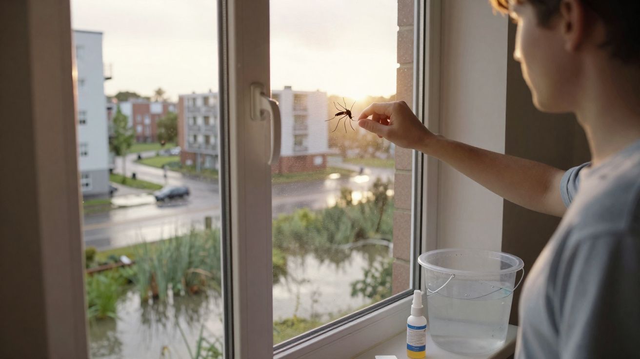 Pessoa segurando aranha perto da janela com balde e spray ao lado, numa cena ao entardecer urbana.