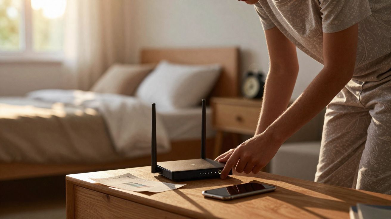 Pessoa a ajustar router Wi-Fi num quarto com cama e telemóvel em cima da mesa de madeira.