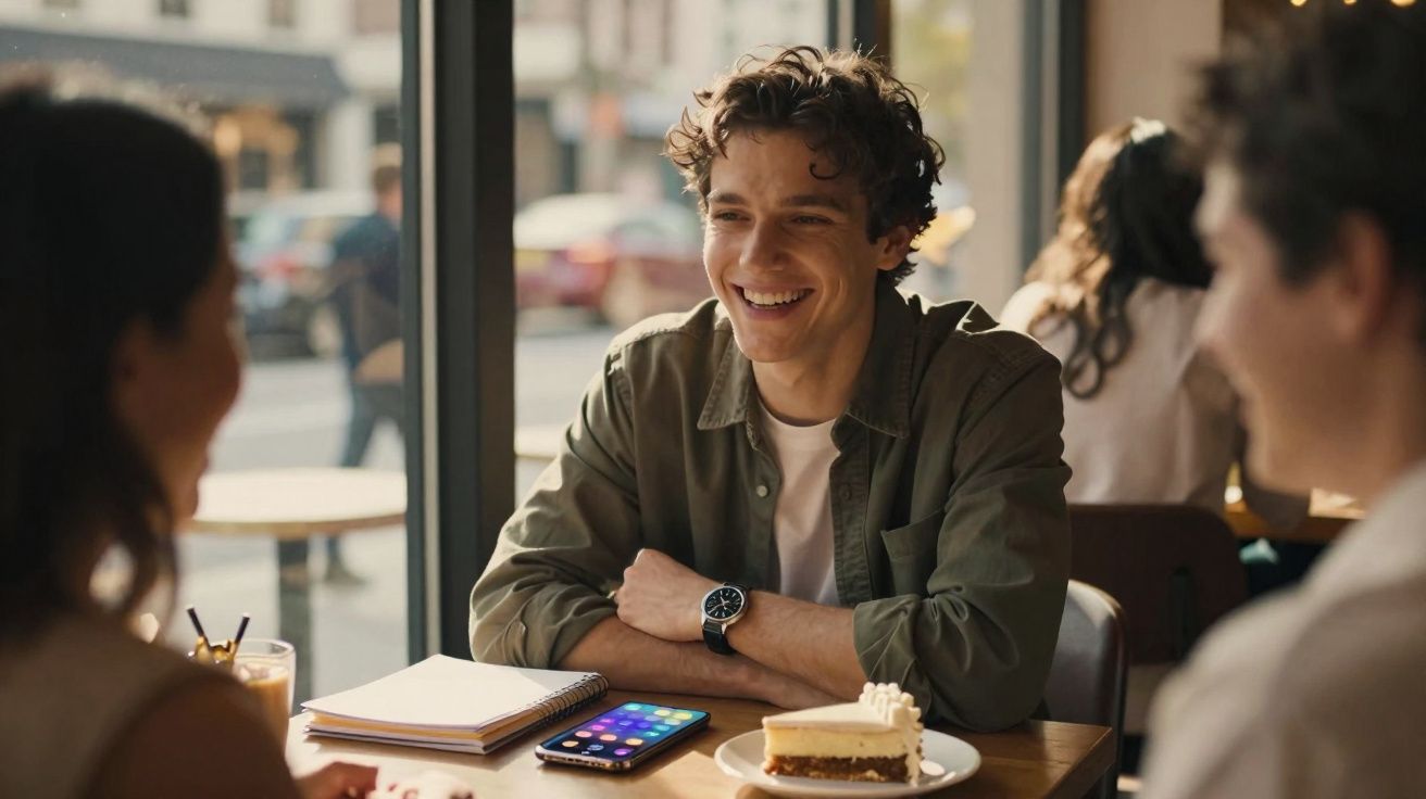 Jovem sorridente sentado à mesa de café, conversando com duas pessoas, com fatia de bolo e telemóvel à frente.