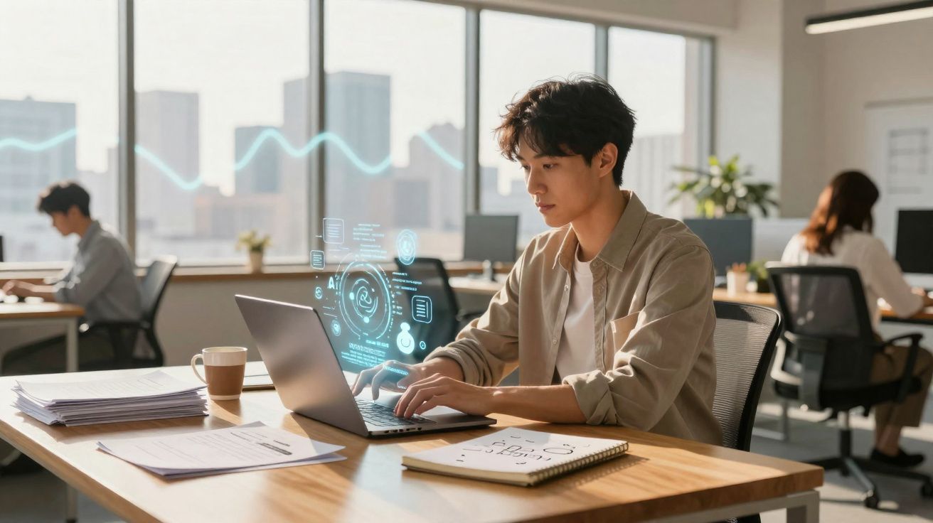 Jovem a trabalhar num portátil num escritório moderno com hologramas digitais à sua frente.