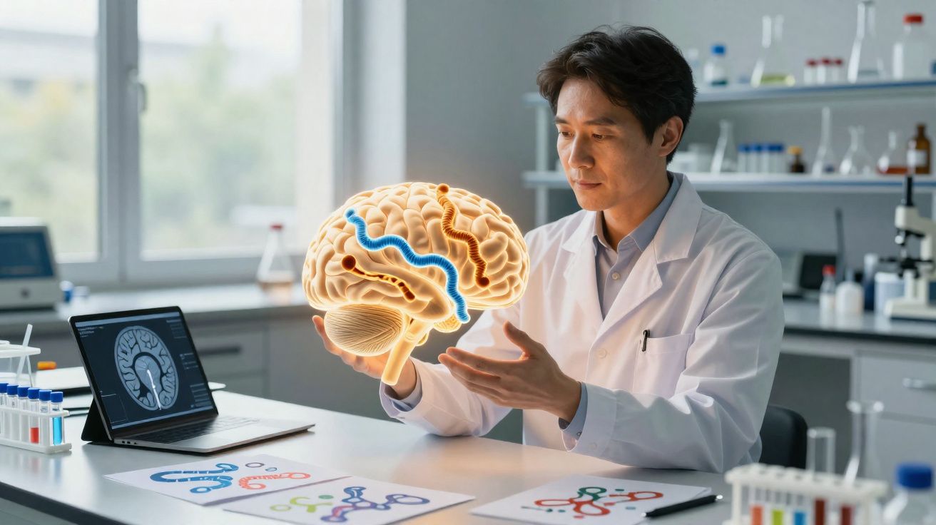 Cientista num laboratório a analisar uma representação digital do cérebro humano iluminada.