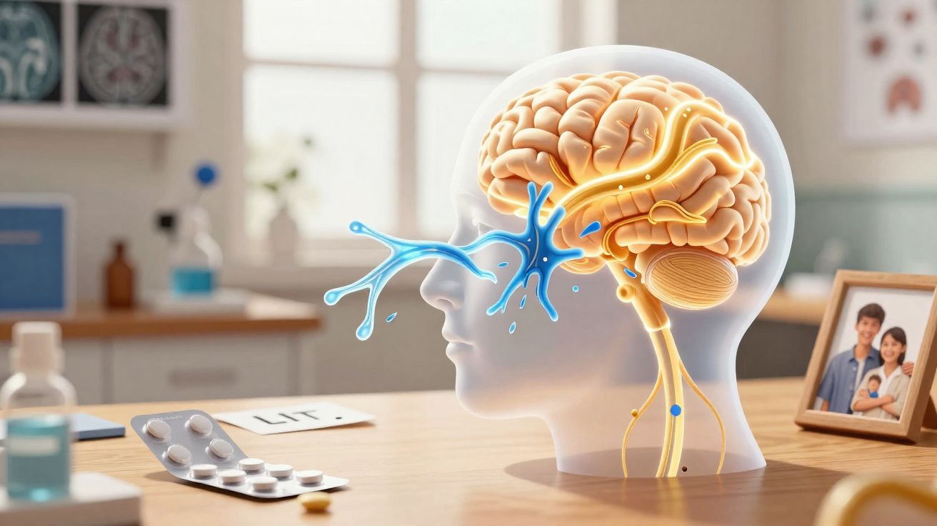 Ilustração de cérebro humano e neurónios em destaque sobre uma mesa com medicamentos e foto de família.