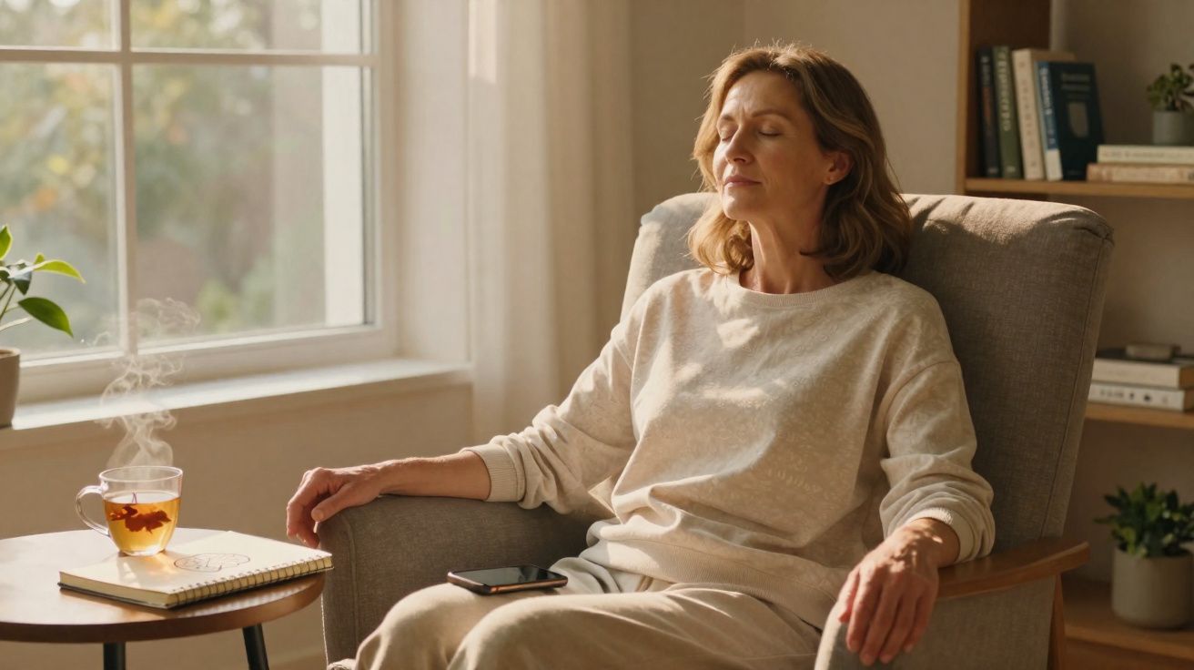Mulher relaxa sentada numa poltrona perto da janela, com chá fumegante numa mesa lateral.