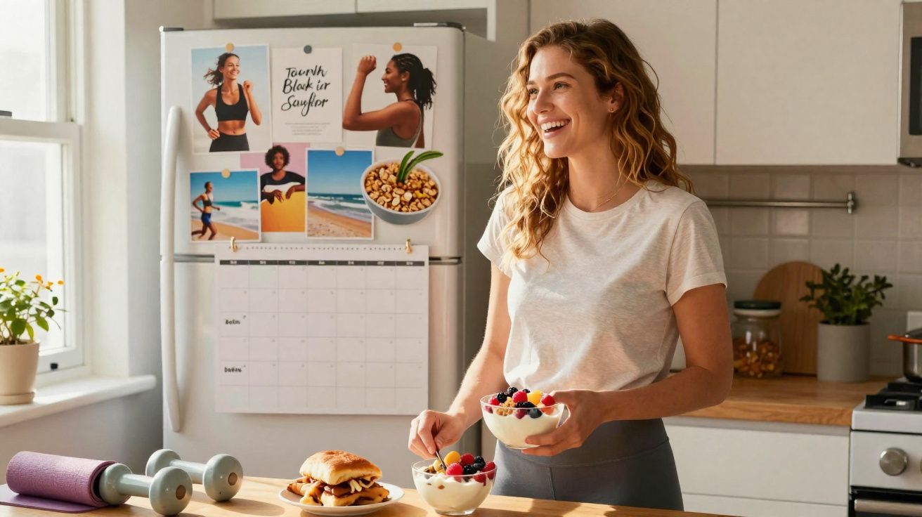 Mulher sorridente a preparar taça de iogurte com frutas numa cozinha luminosa e organizada.