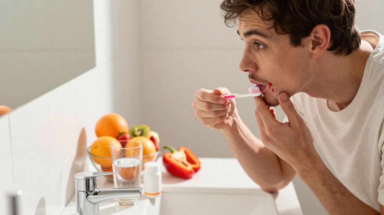 Homem a limpar sangue do lábio com uma escova de dentes junto a uma pia de casa de banho.