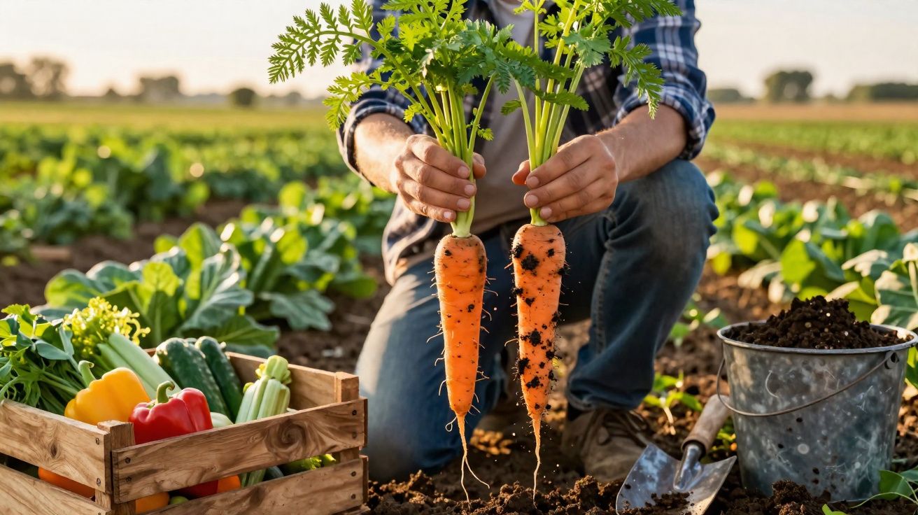 Agricultor segura duas cenouras frescas com caixa de legumes e ferramentas no campo.