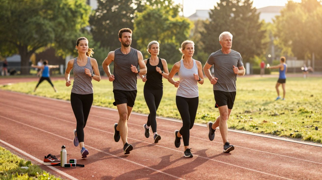 Grupo de cinco adultos a correr numa pista de atletismo ao ar livre, em dia ensolarado.