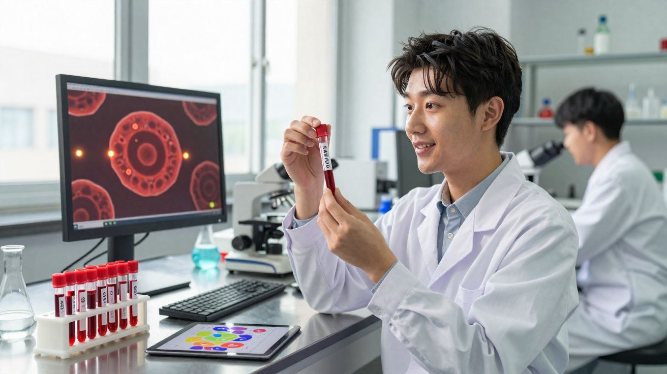 Cientista em laboratório a analisar tubo de ensaio com amostra de sangue para estudo do vírus Covid-19.