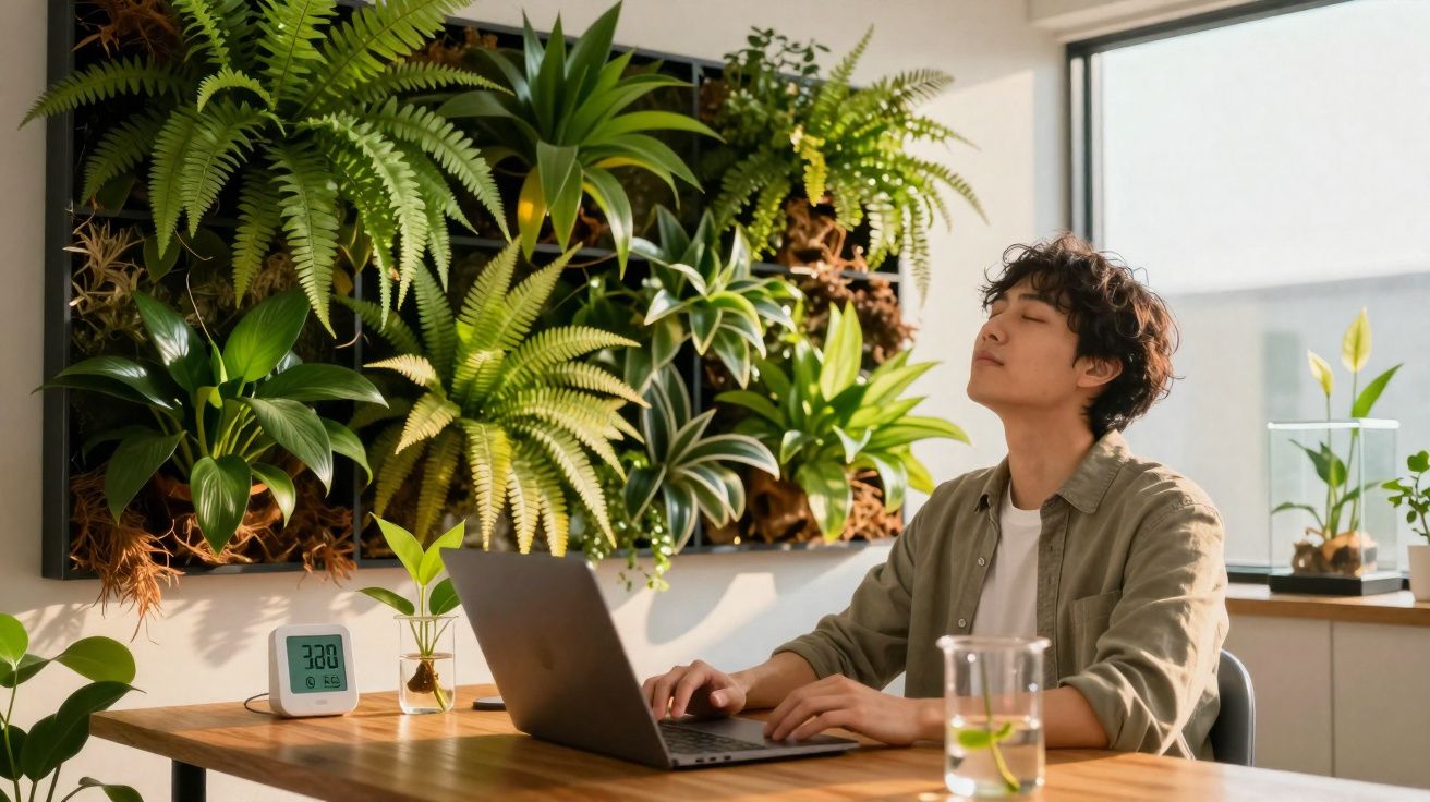 Jovem sentado à secretária com laptop, rodeado de plantas e a relaxar com olhos fechados.