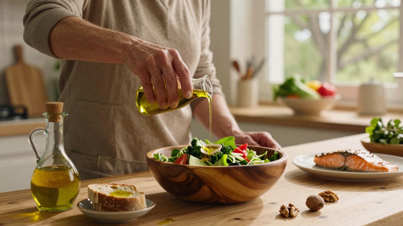 Pessoa a temperar salada com azeite numa cozinha clara com pão e salmão à mesa.