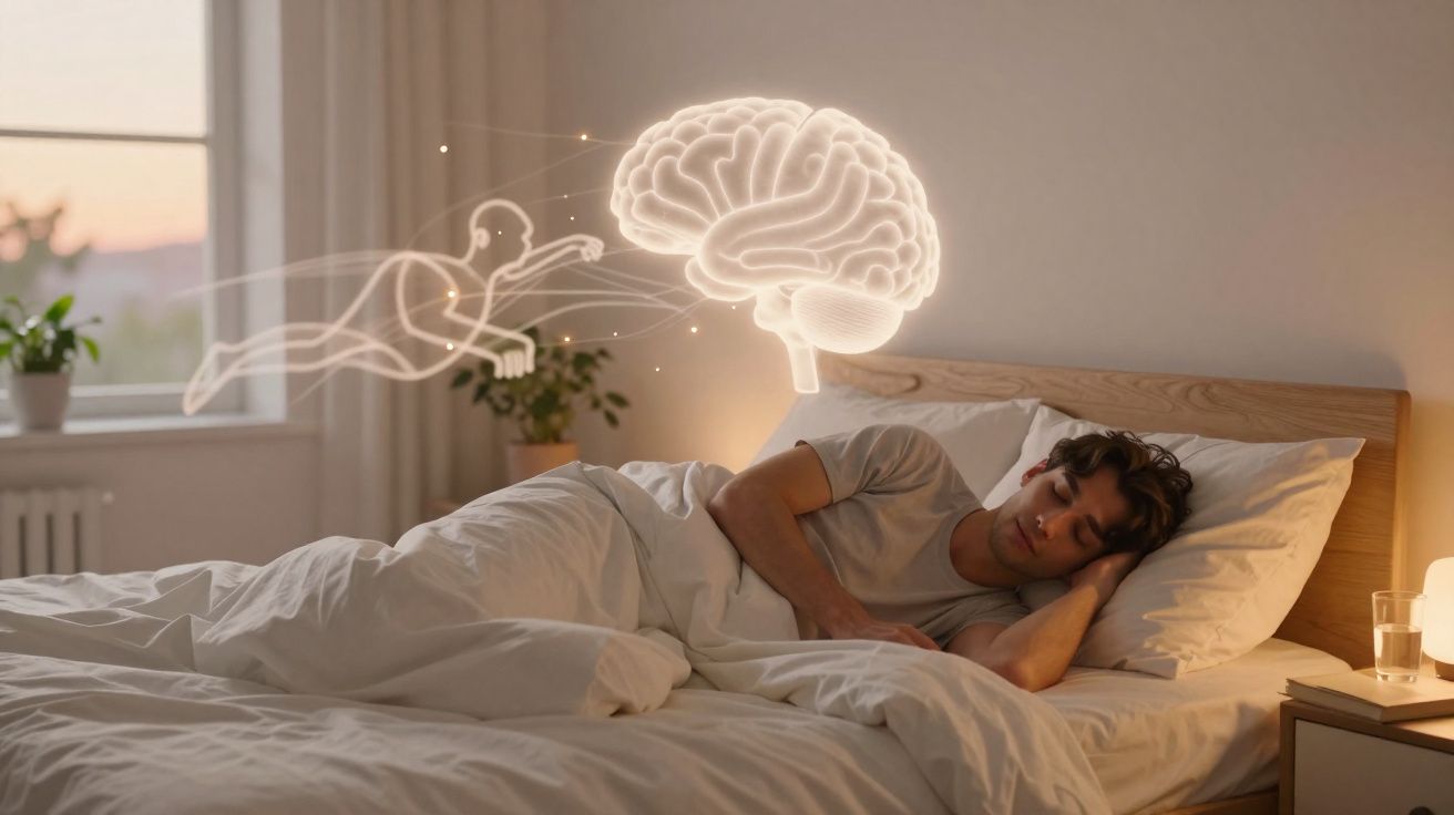 Homem a dormir na cama com ilustração digital de cérebro e figura humana flutuante representando sonhos.