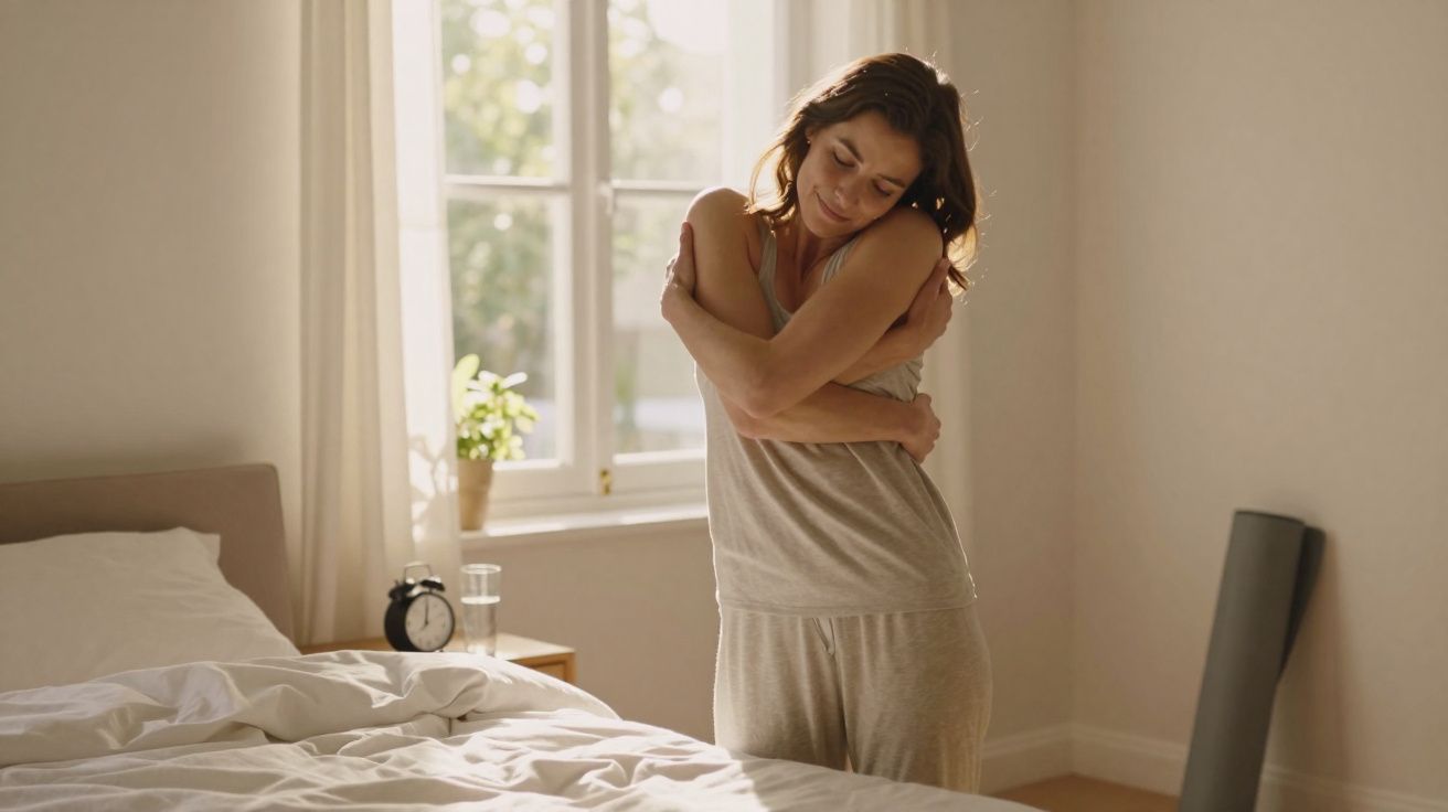 Mulher de pijama abraça-se com os olhos fechados numa manhã iluminada num quarto acolhedor.