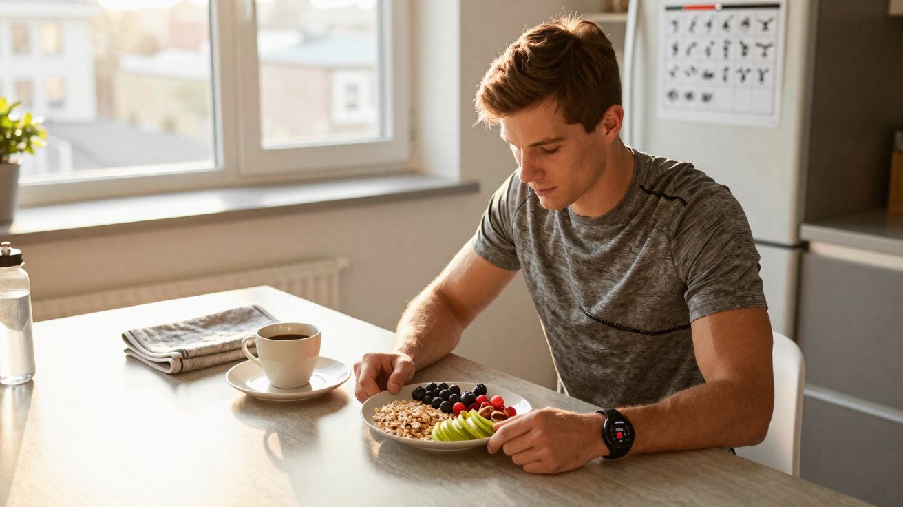 Homem sentado a olhar para um prato com fruta, cereais e uma chávena de café numa mesa na cozinha.