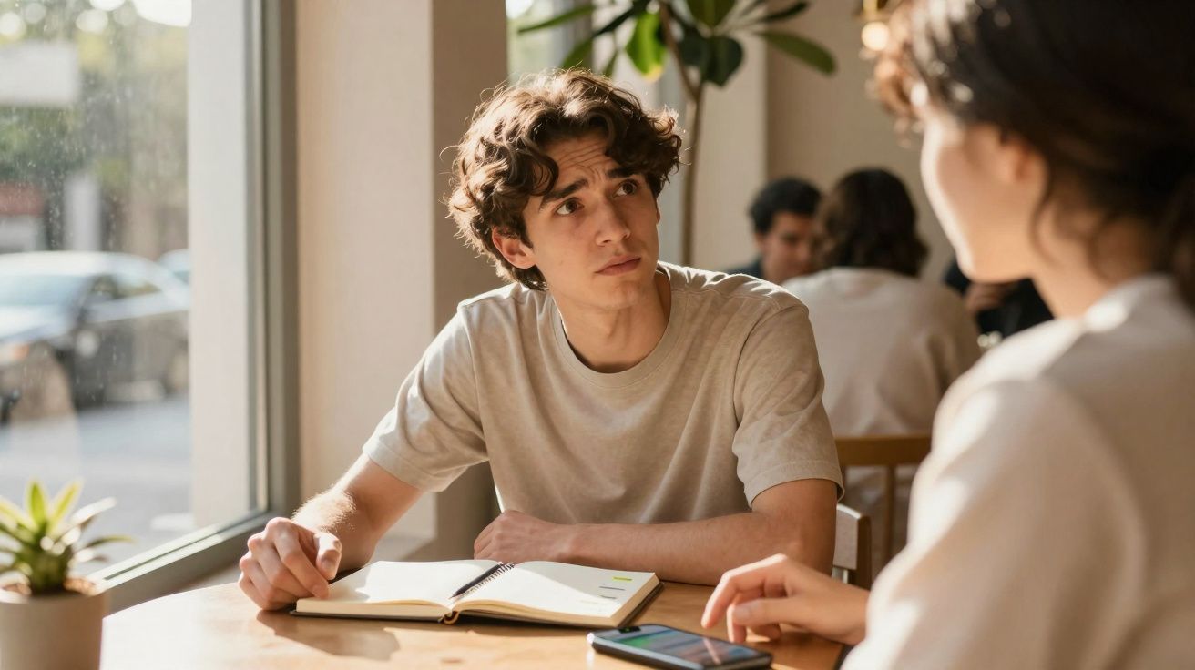 Dois jovens conversam numa mesa com caderno aberto e smartphone numa cafeteria iluminada pela luz natural.