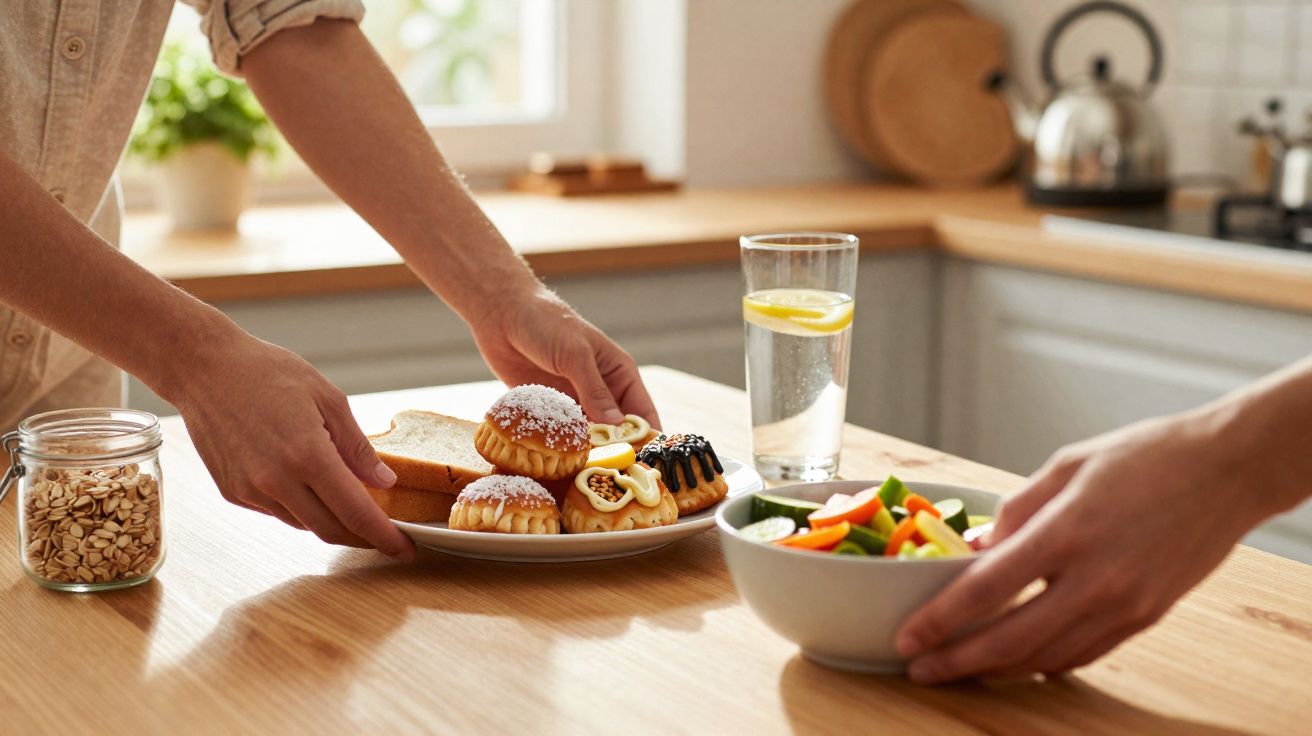 Duas pessoas a colocar no balcão uma travessa com doces e uma taça com salada, com jarro de aveia e copo de água.