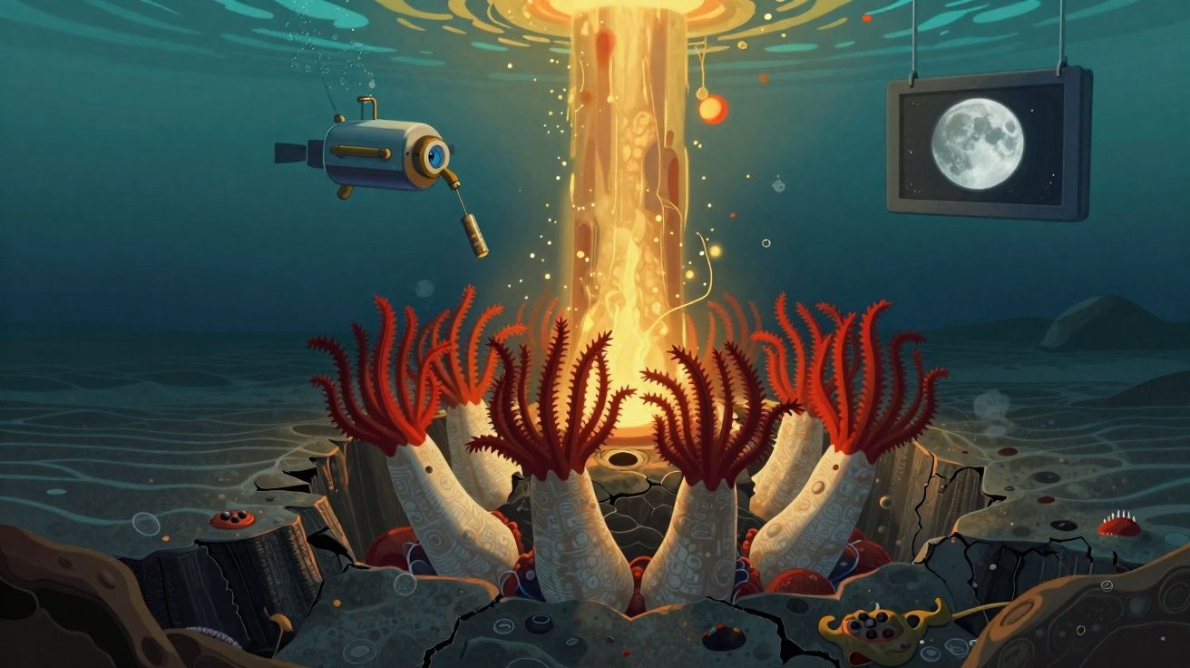 Cena subaquática com criaturas marinhas vermelhas, robô explorador e monitor a mostrar a lua.