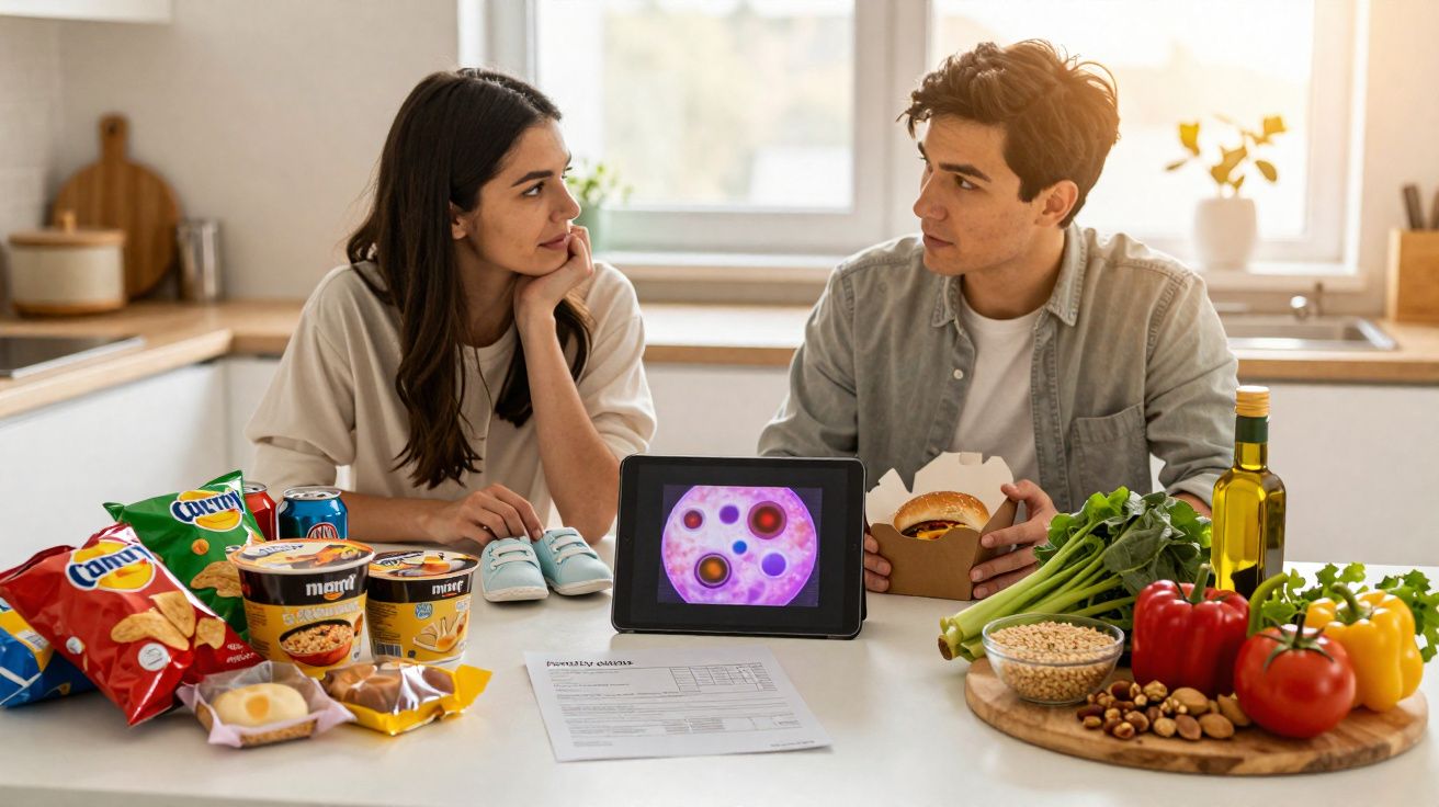 Casal discute opções alimentares saudáveis e não saudáveis numa cozinha, com alimentos e tablet à mesa.