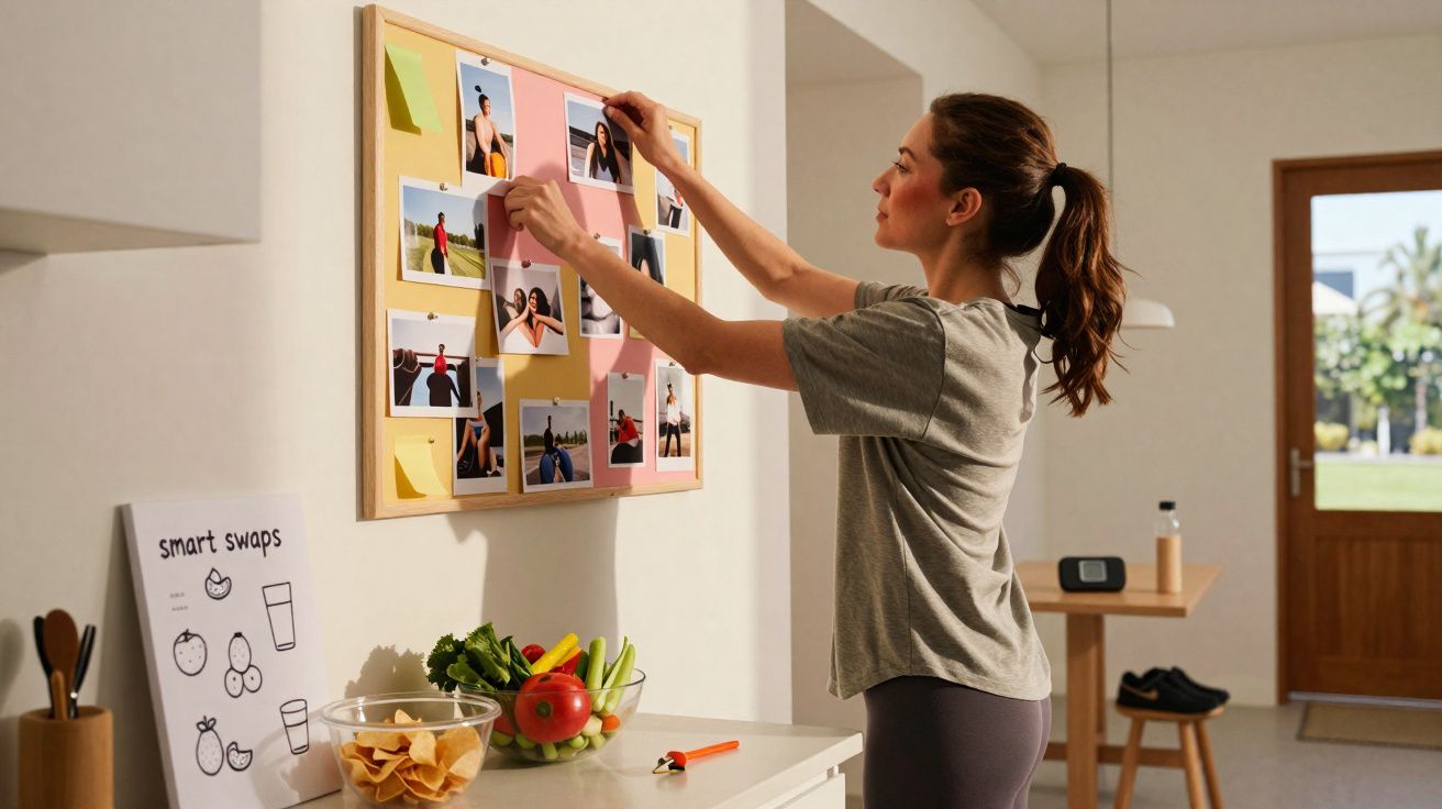 Mulher a organizar fotos num quadro de cortiça numa cozinha luminosa e moderna.