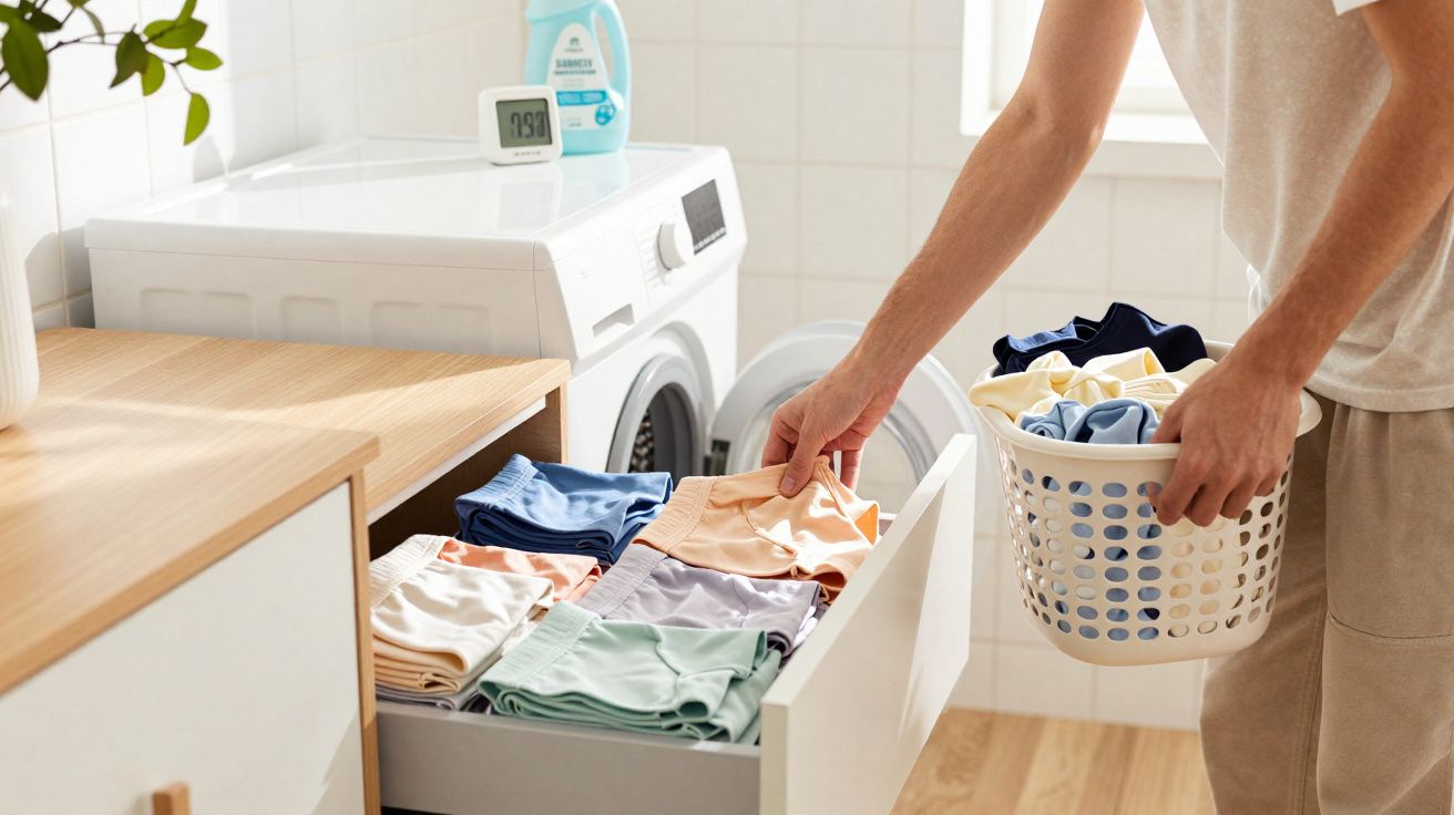 Pessoa a guardar roupa dobrada numa gaveta perto da máquina de lavar roupa aberta numa lavandaria doméstica.