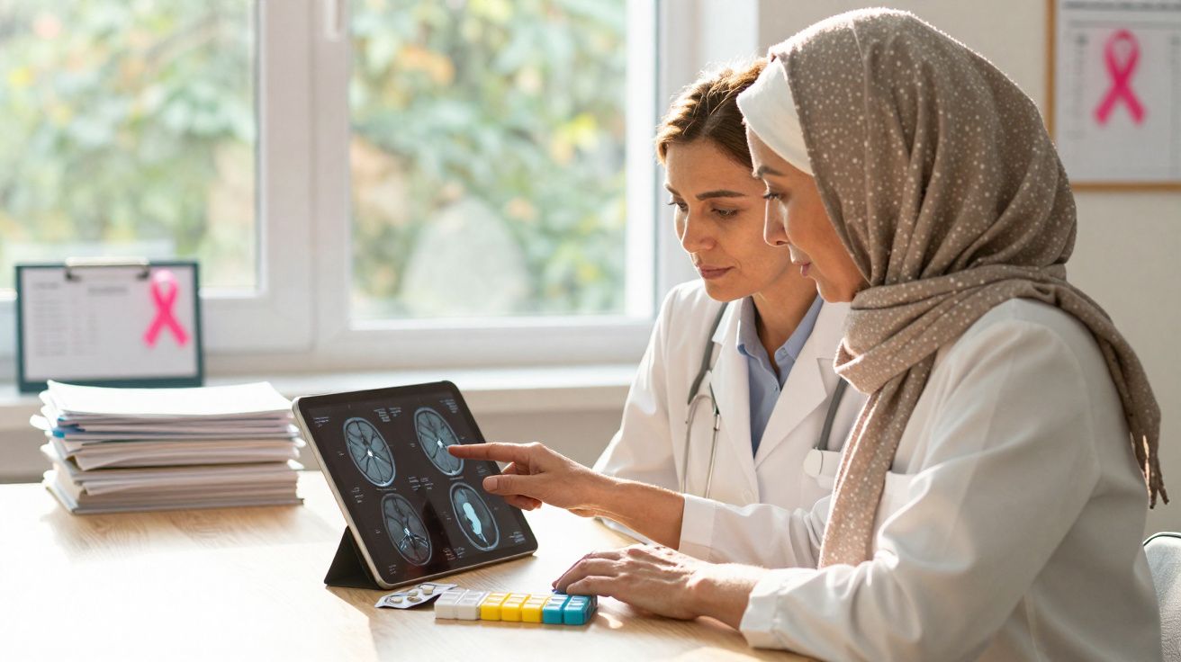 Duas médicas analisam imagens de ressonância magnética cerebral num tablet num consultório iluminado.