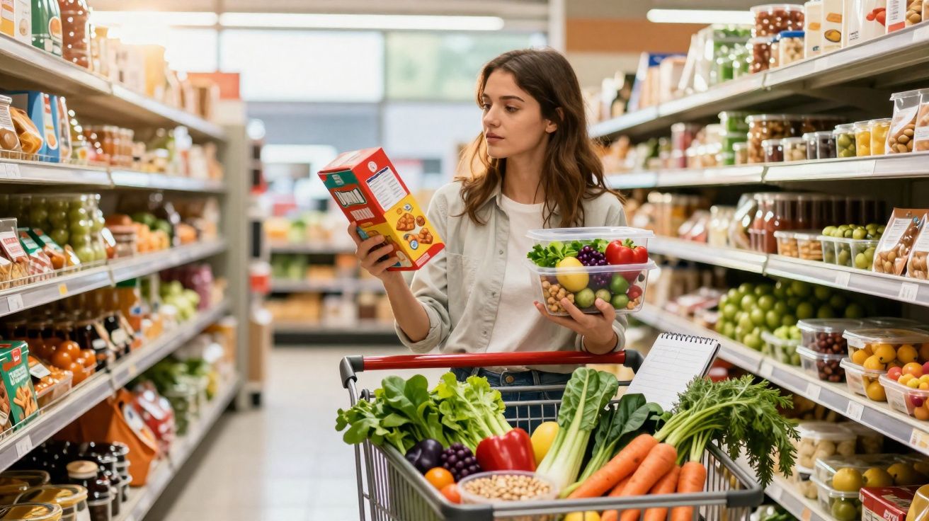 Mulher a fazer compras num supermercado, segurando caixa e recipiente com legumes frescos.