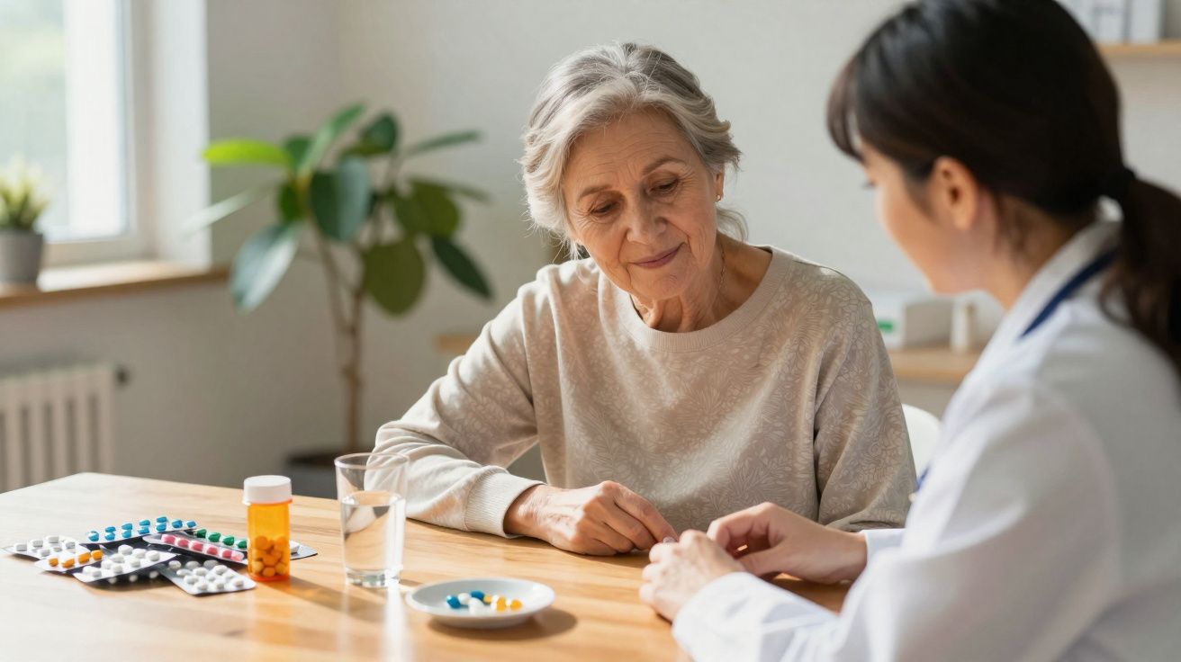 Idosa conversa com médica enquanto remédios e um copo de água estão sobre a mesa.