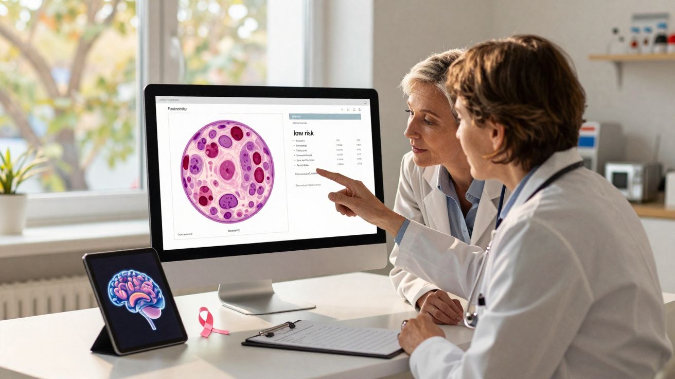 Duas médicas analisam resultados de patologia e risco baixo num ecrã de computador num consultório médico.