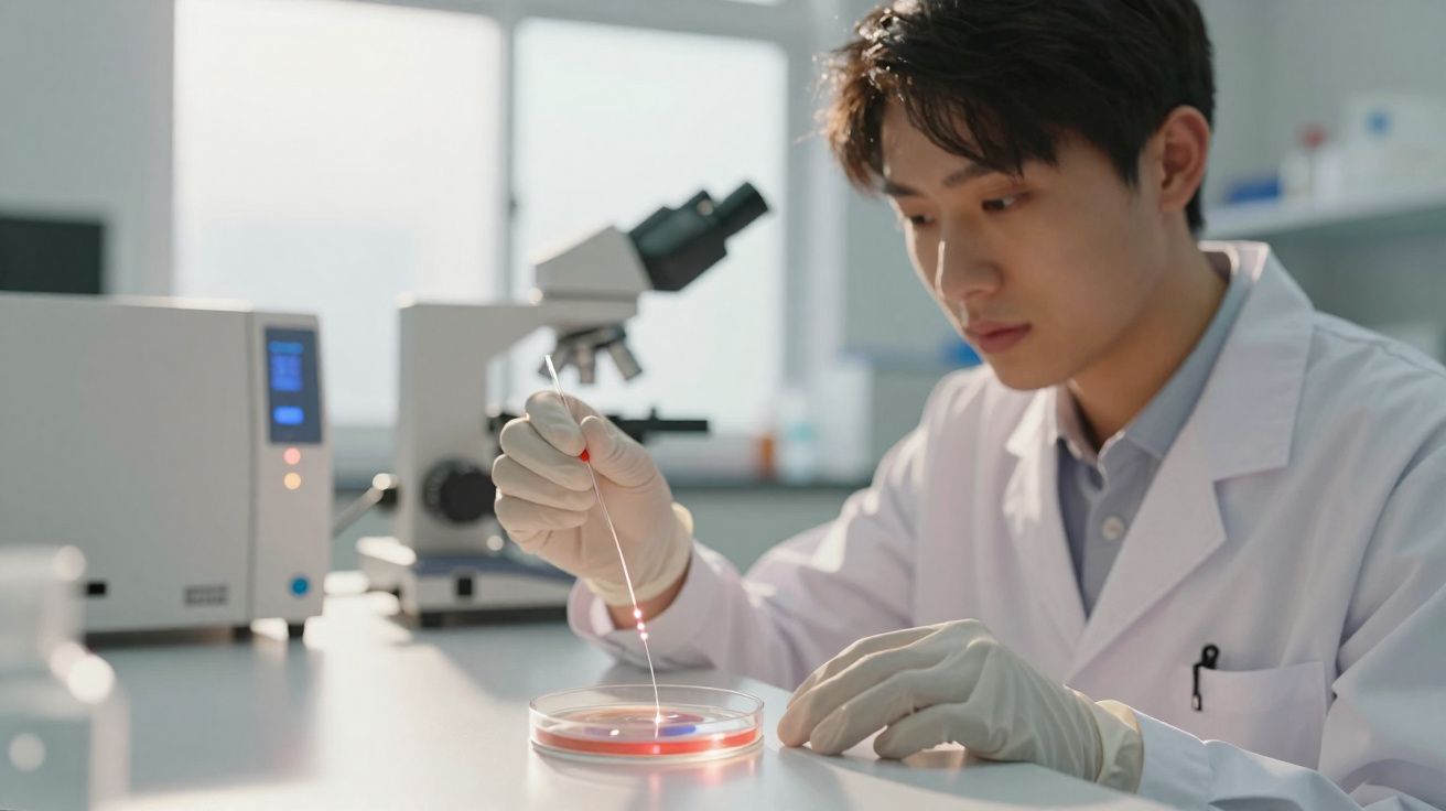 Cientista com bata branca realiza experimento em laboratório usando placas de Petri e equipamento científico.