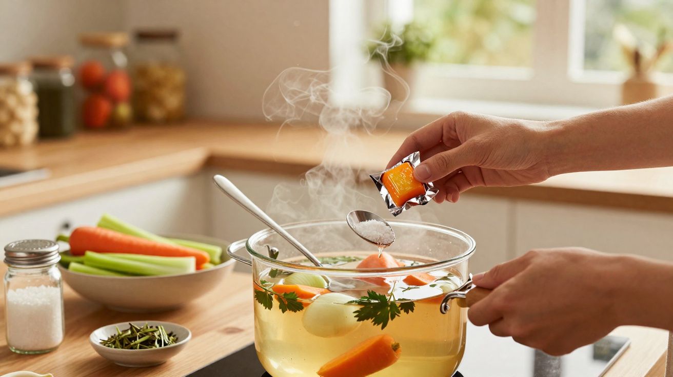Mãos a adicionar cubo de caldo a panela com legumes e ervas a cozinhar numa cozinha luminosa.