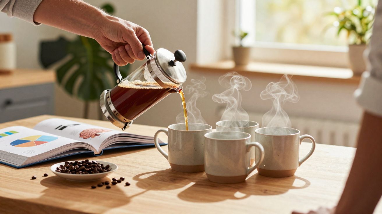 Pessoa a servir café quente de uma cafeteira francesa em canecas numa mesa de madeira com livro aberto e grãos de café.