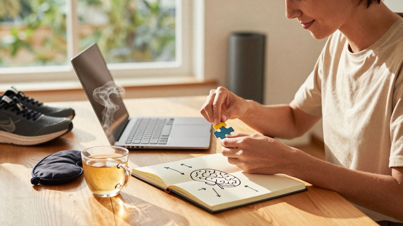 Pessoa a montar puzzle enquanto estuda neurociência numa mesa com chá e computador portátil.