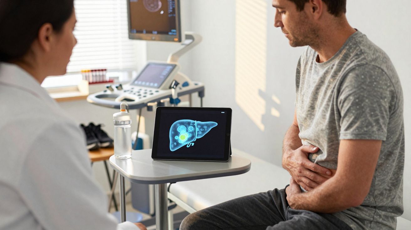 Homem com dor abdominal numa consulta médica, imagem de fígado em tablet na mesa.