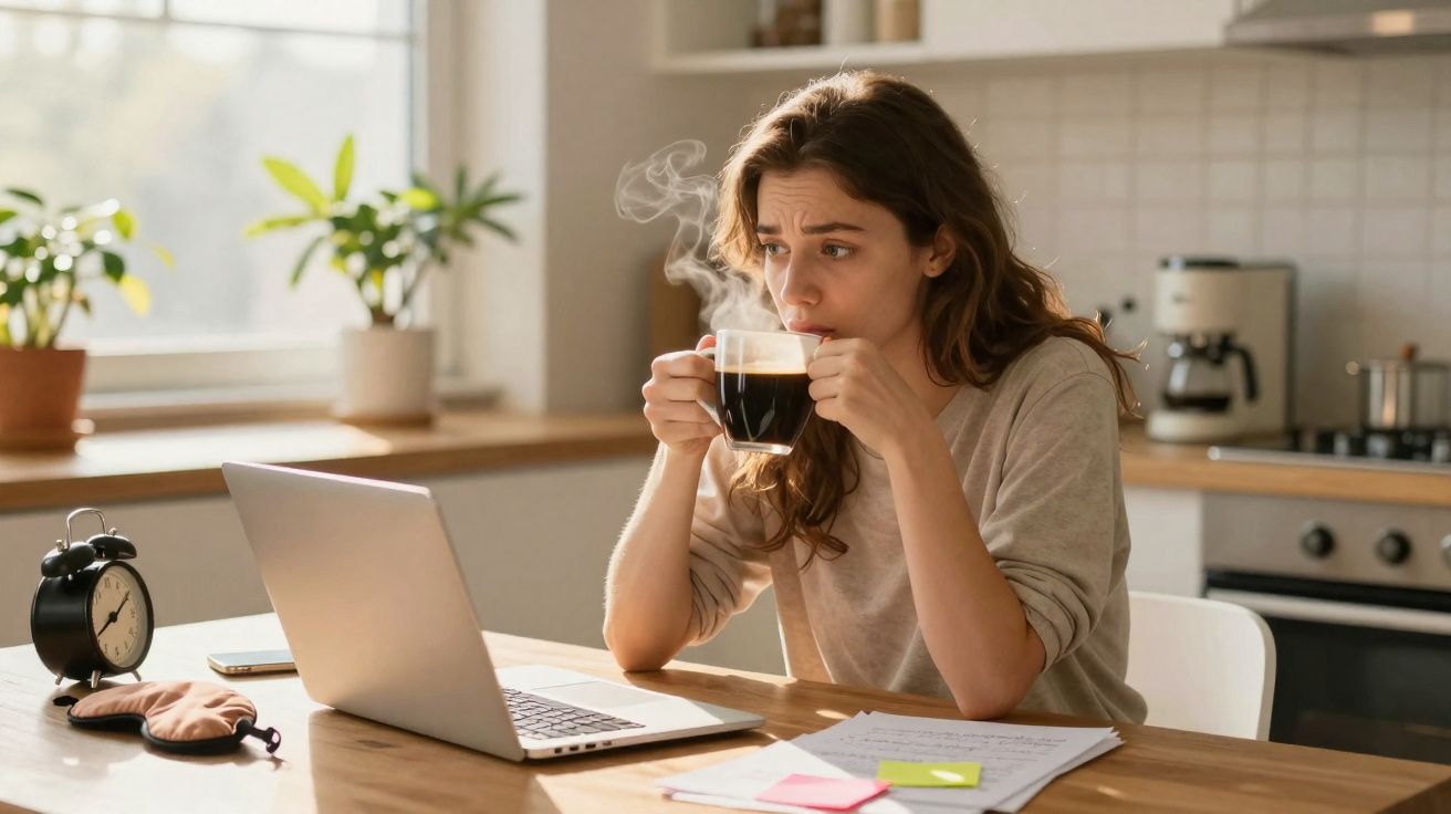 Mulher com expressão cansada bebe café quente enquanto trabalha num portátil numa cozinha iluminada.