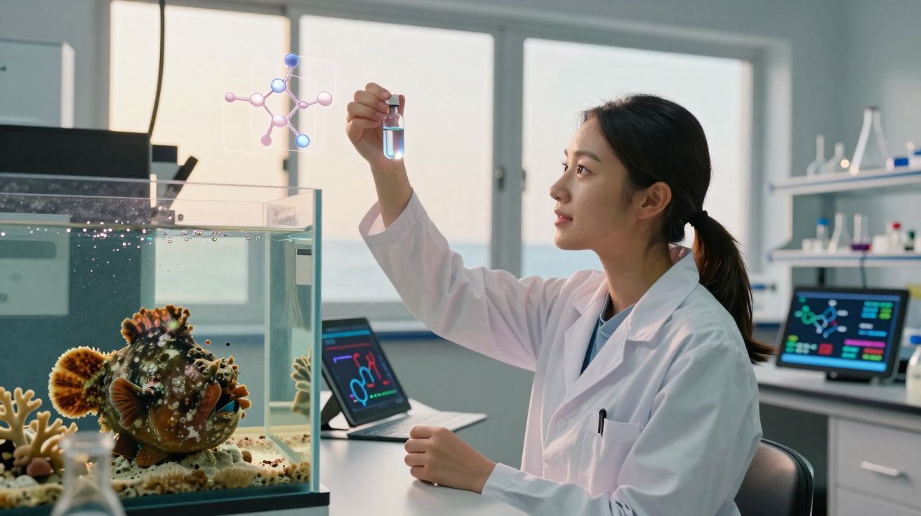 Cientista em laboratório analisa frasco com líquido perto de aquário com peixe e computadores com dados científicos.