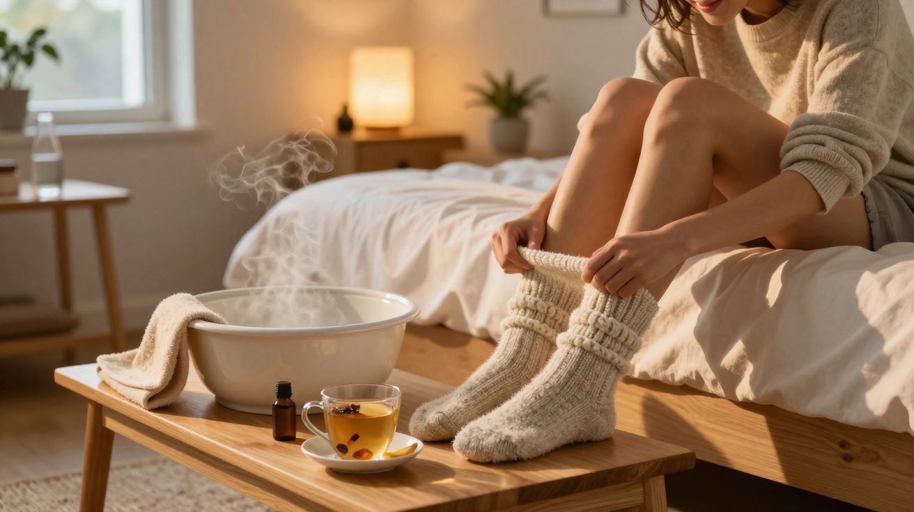 Mulher a vestir meias grossas sentada na cama, com um chá e um recipiente com vapor numa mesa de madeira.
