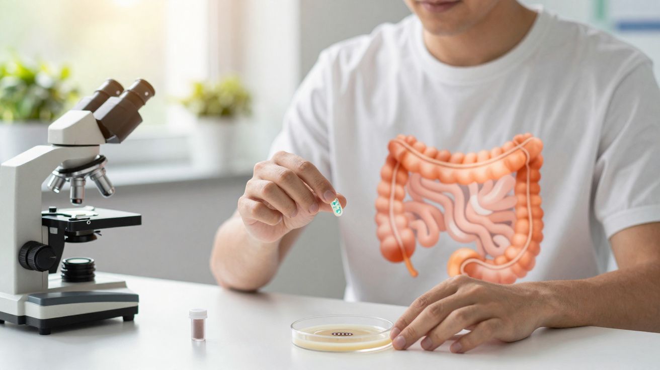 Cientista a trabalhar com bactéria em laboratório com ilustração do intestino humano sobreposta.